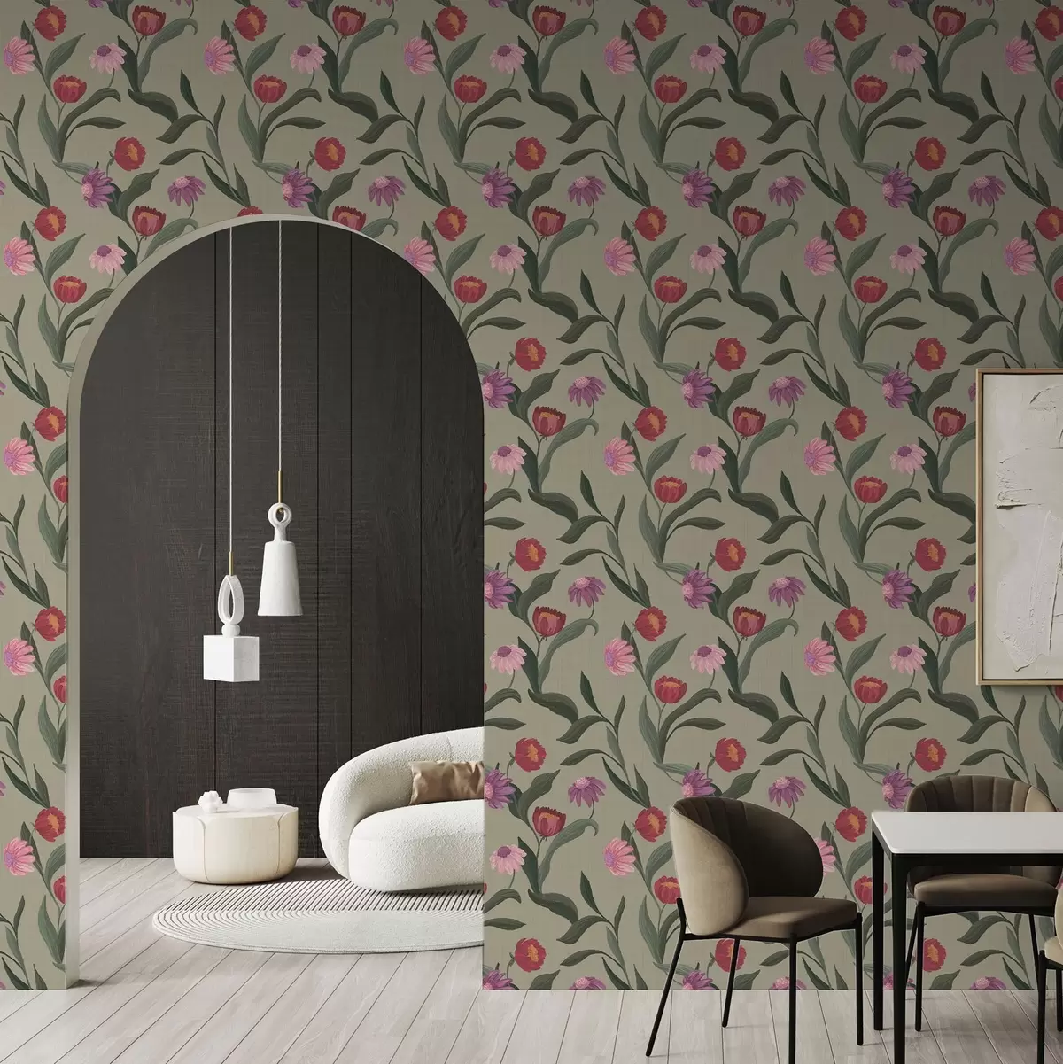 Papier peint Fleurs rose-rouge sur fond olive, texture toile a00631v1
