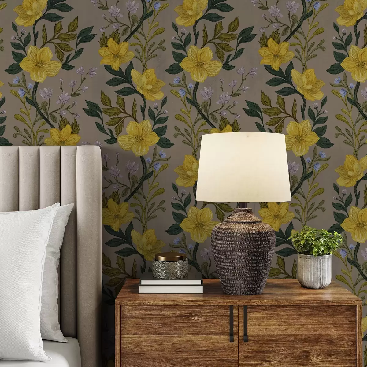 Papier peint Fleurs jaunes en guirlandes verticales sur fond taupe a00632v1