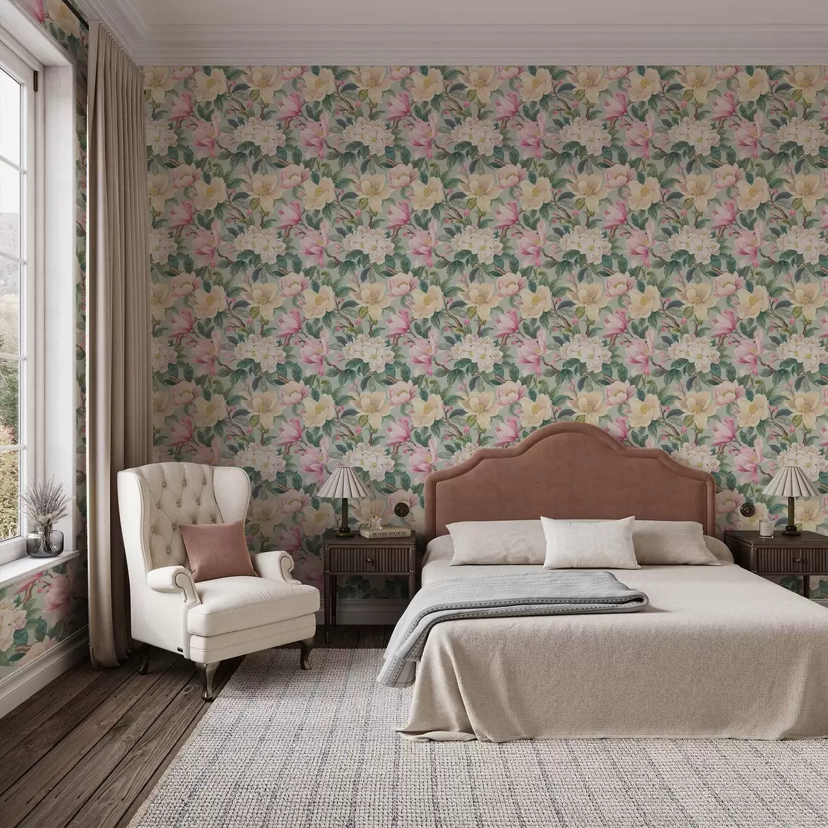 Papier peint Magnolias et fleurs blanches sur fond gris menthe a00644