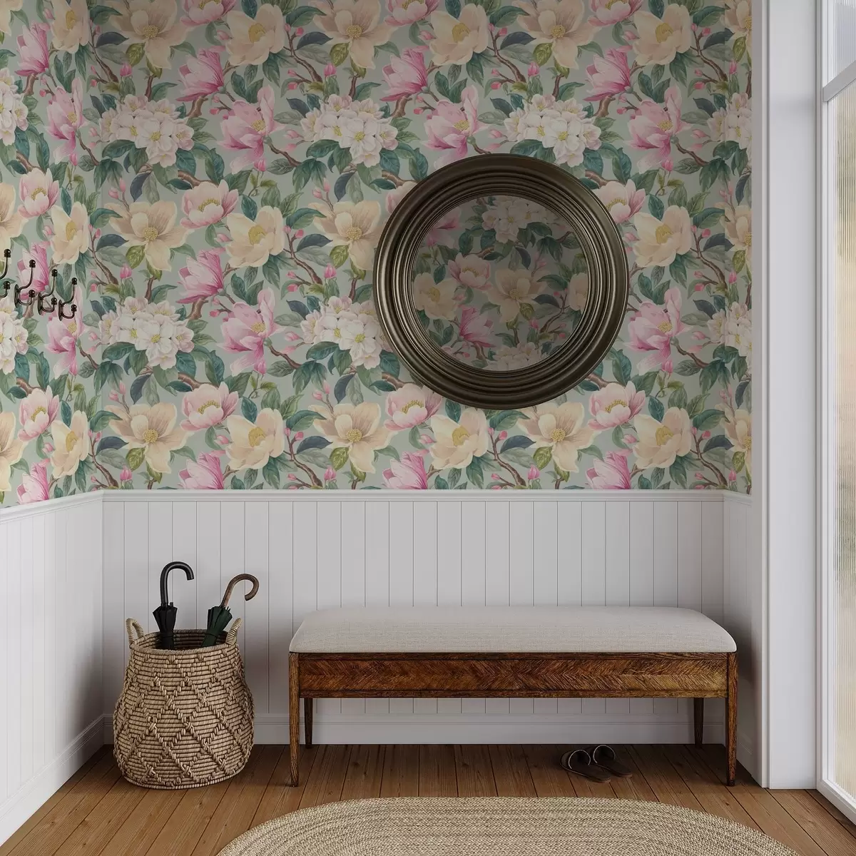 Papier peint Magnolias et fleurs blanches sur fond gris menthe a00644