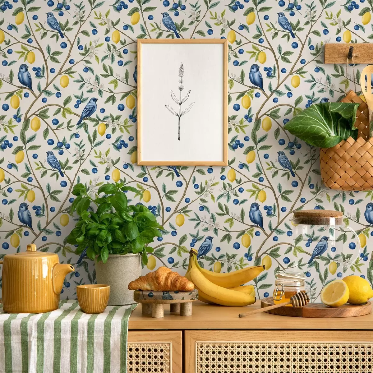 Papier peint Oiseaux bleus, citrons et baies sur fond blanc a00668
