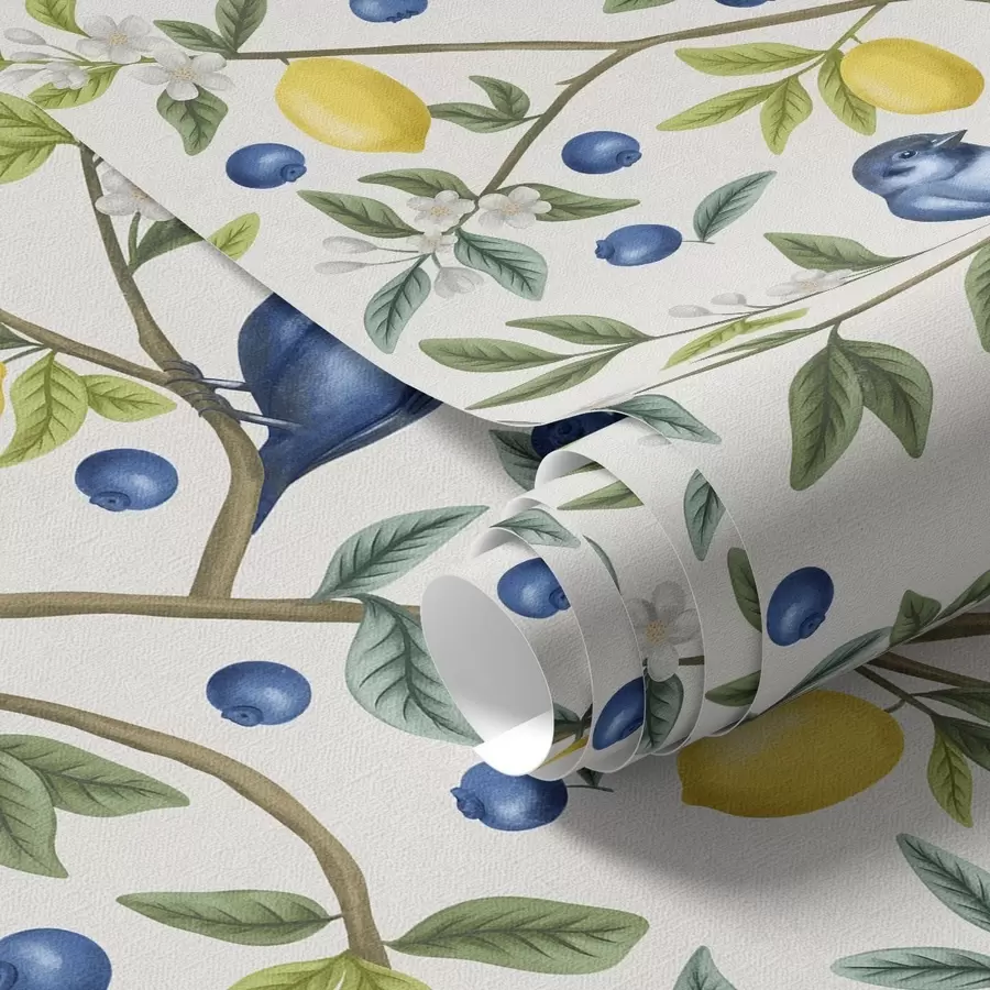 Papier peint Oiseaux bleus, citrons et baies sur fond blanc a00668