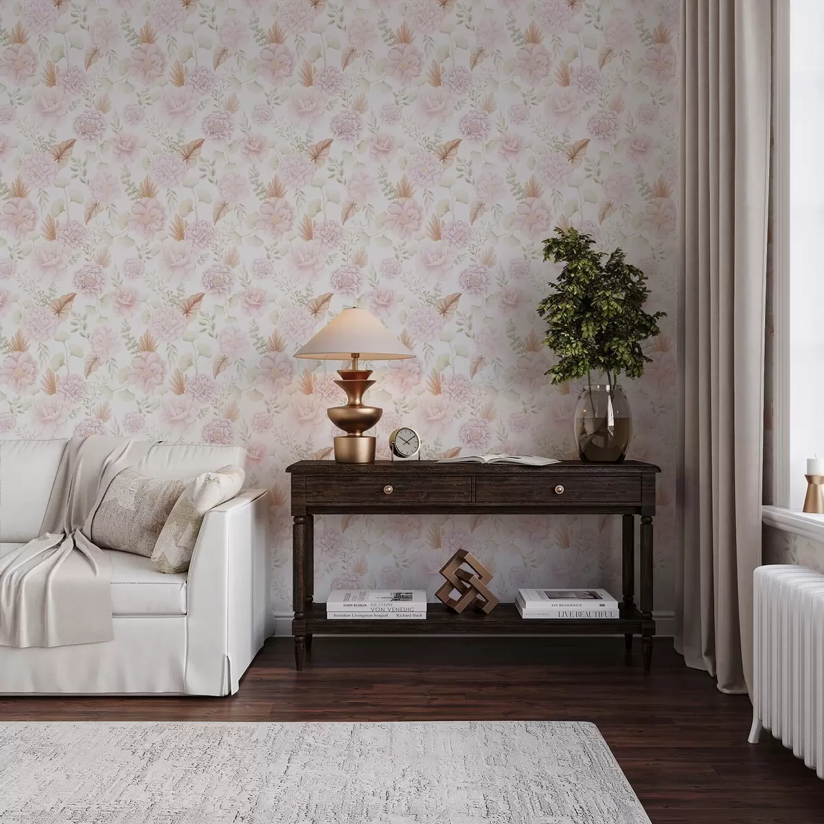 Papier peint Pivoines et feuillage aux couleurs pastel douces sur fond blanc a00669