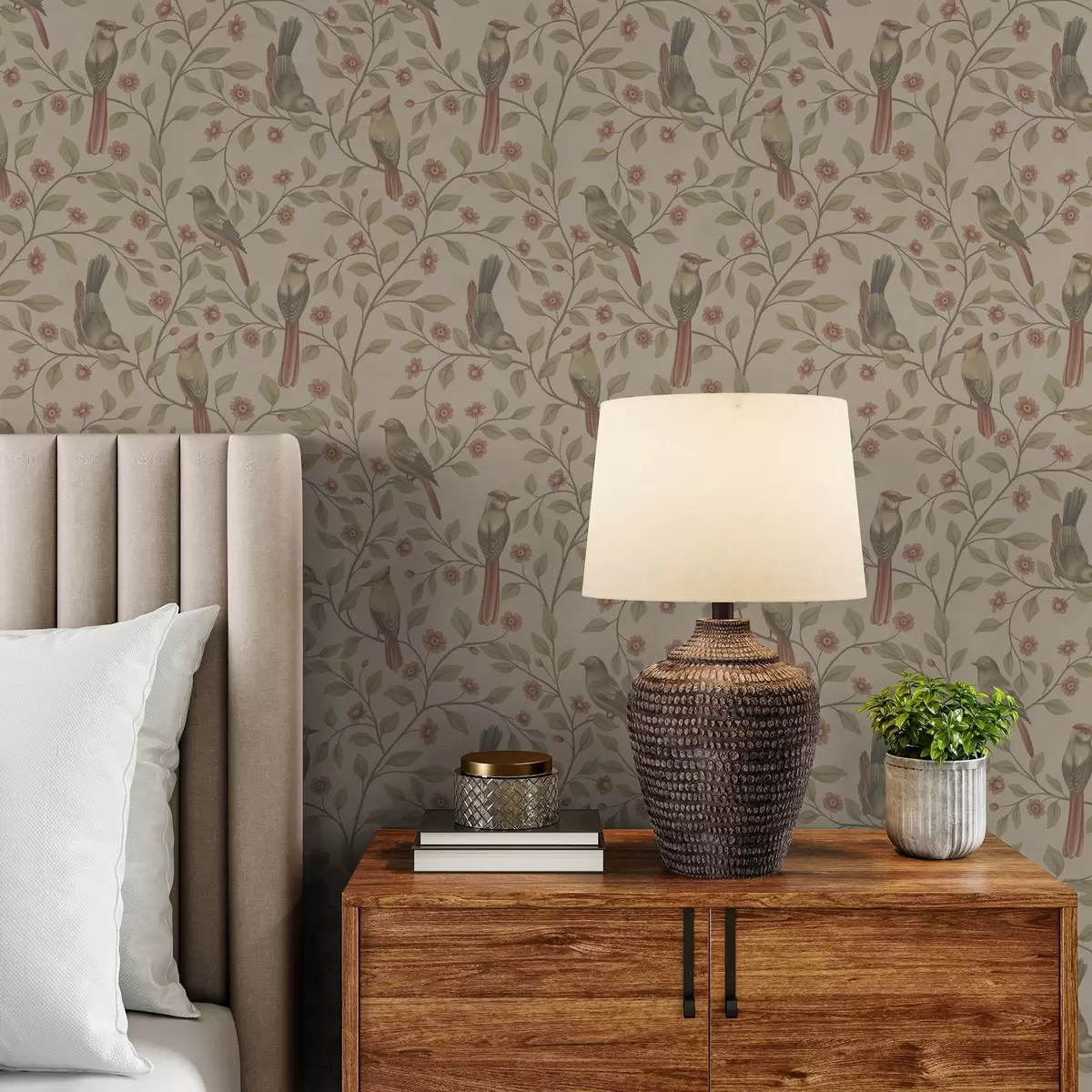 Papier peint Oiseaux sur des branches fleuries, fond beige chaud a00670