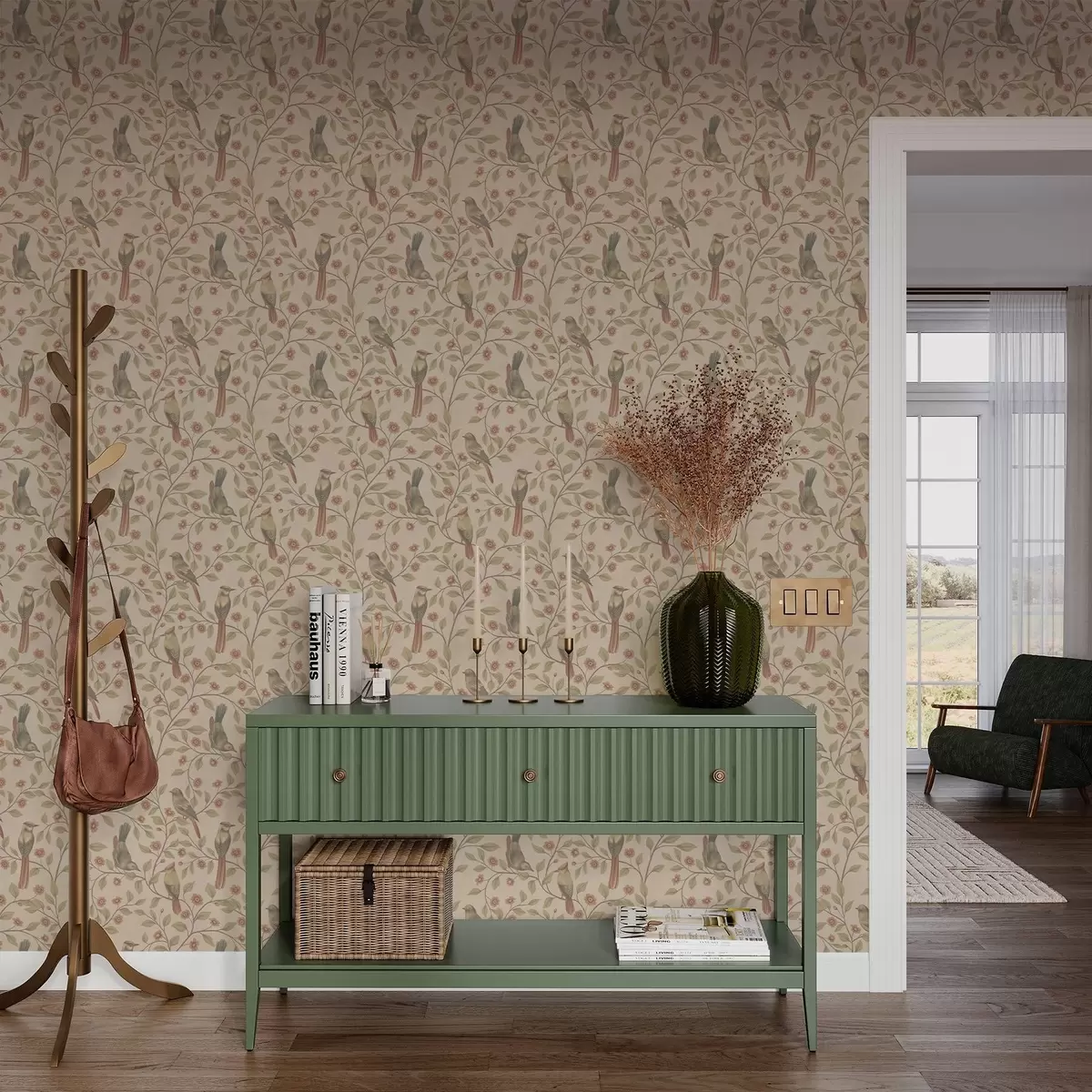 Papier peint Oiseaux sur des branches fleuries, fond beige chaud a00670