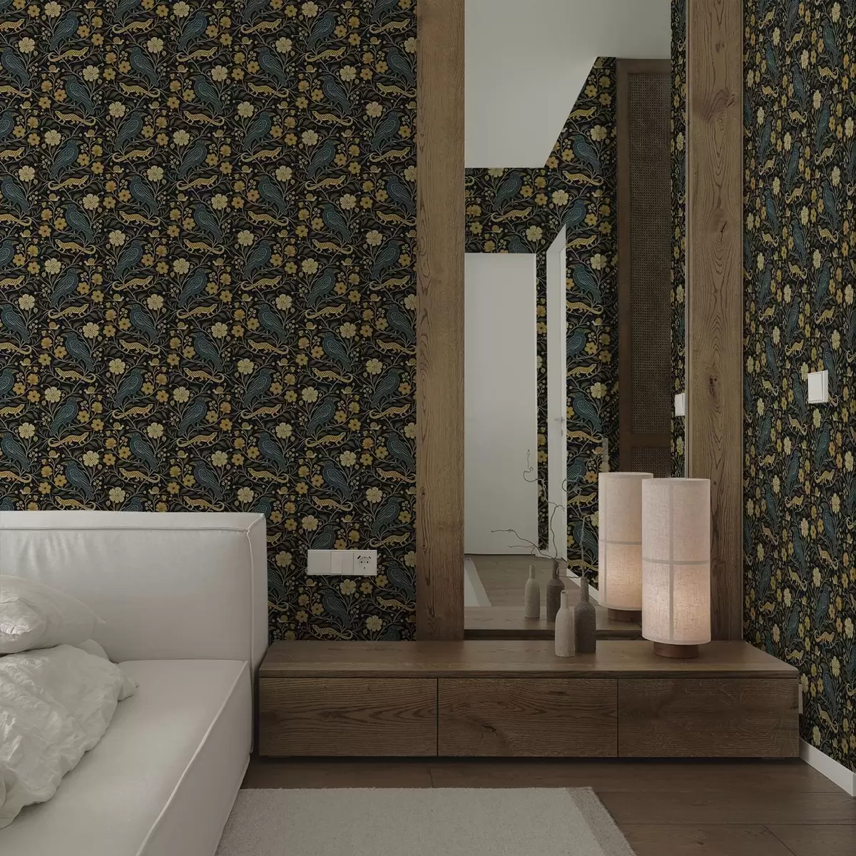 Papier peint Oiseaux, lézards et escargots parmi les fleurs sur fond sombre a00691