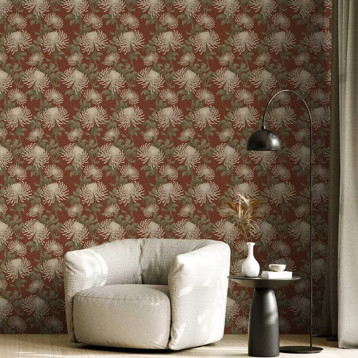 Papier peint Chrysanthèmes crème sur fond terre cuite, style asiatique a00693