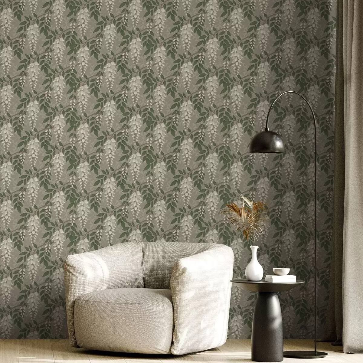 Papier peint Glycine claire sur fond gris-olive, grappes en cascade a00694