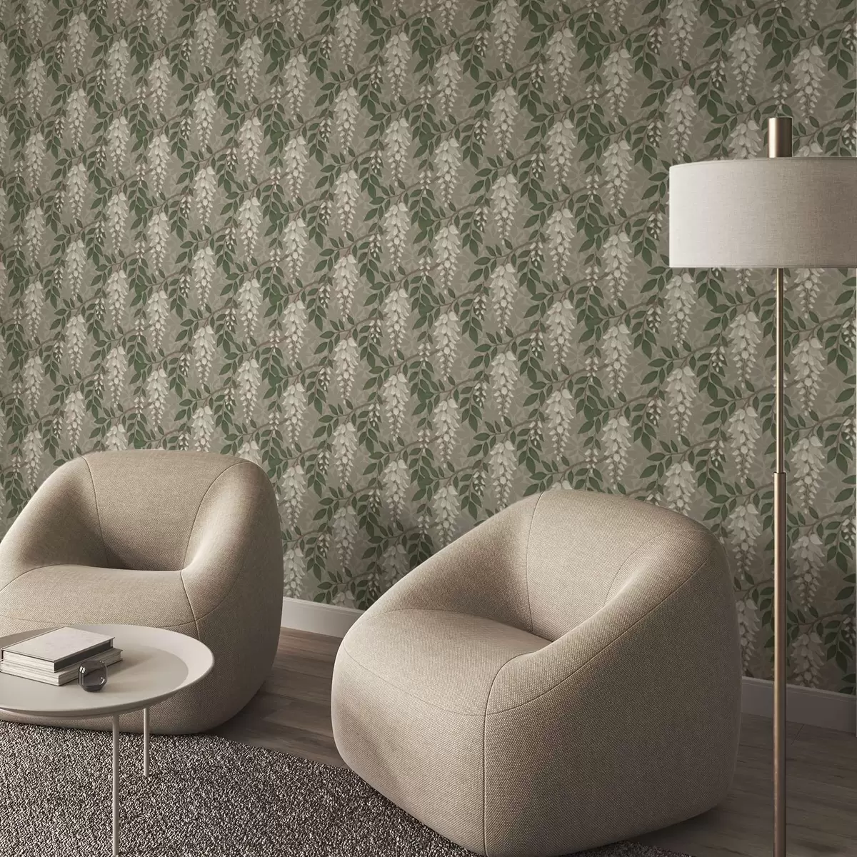 Papier peint Glycine claire sur fond gris-olive, grappes en cascade a00694