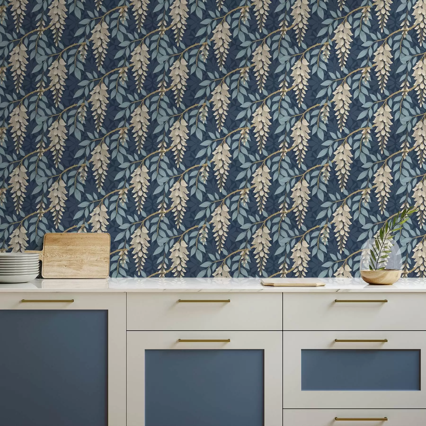 Papier peint Glycine à feuilles bleues sur fond bleu foncé a00694v2