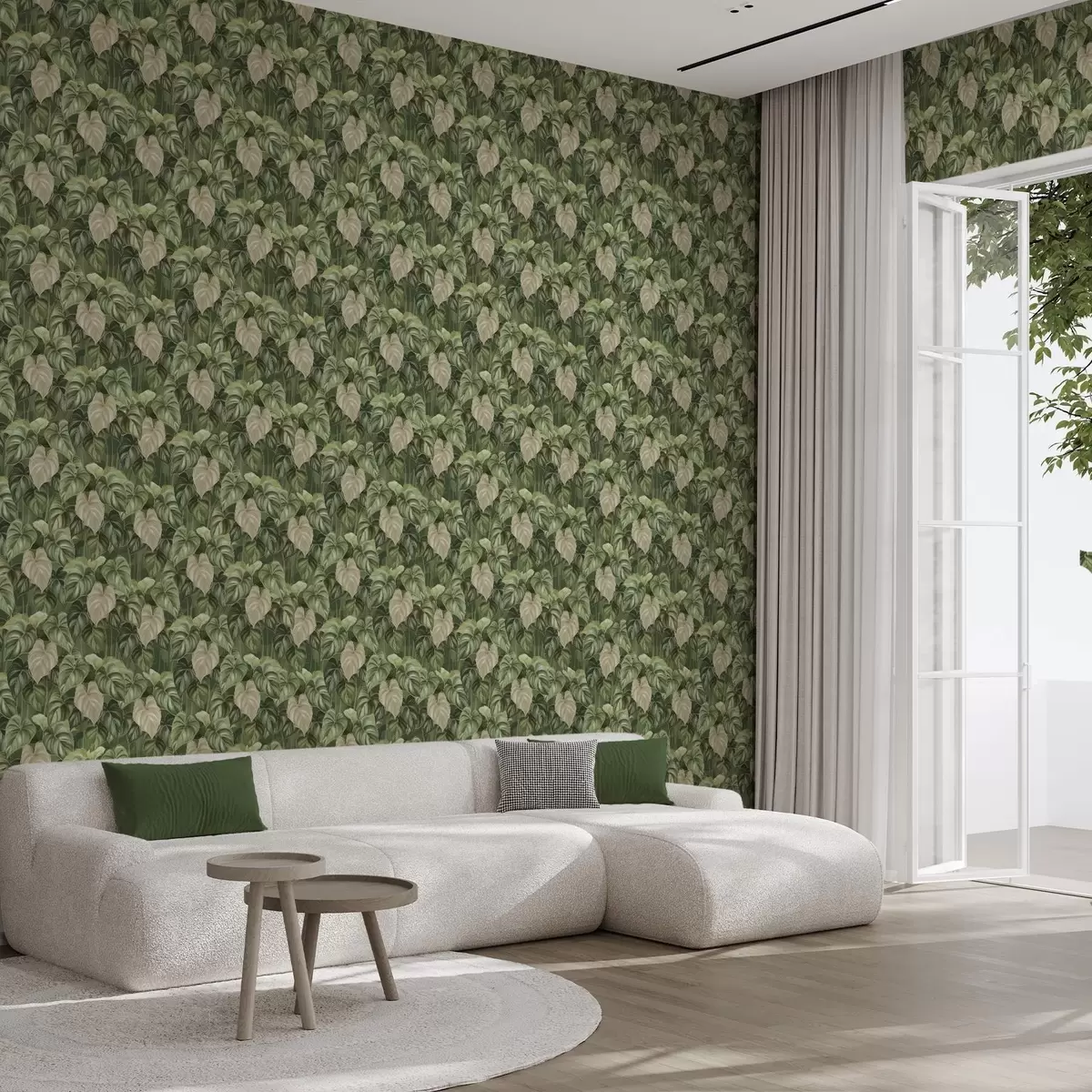 Papier peint Feuilles luxuriantes de philodendron dans des tons de vert et d'ivoire a00695