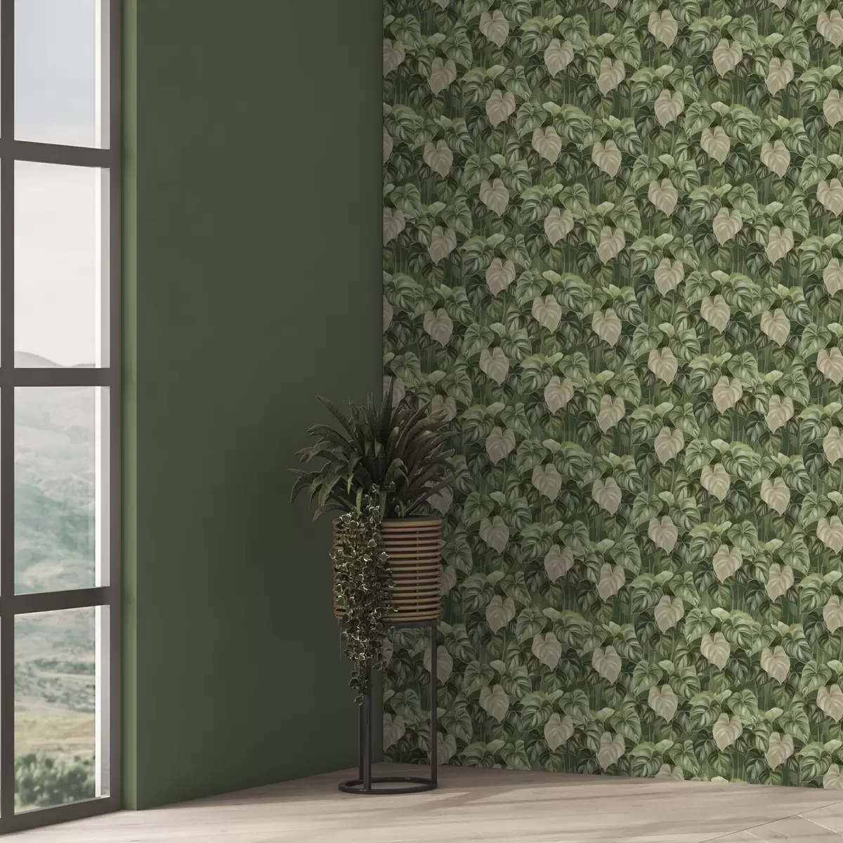 Papier peint Feuilles luxuriantes de philodendron dans des tons de vert et d'ivoire a00695