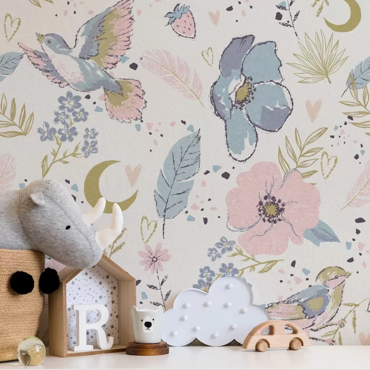 Papier peint Oiseaux et fleurs pastel avec des croissants de lune sur fond blanc a00721