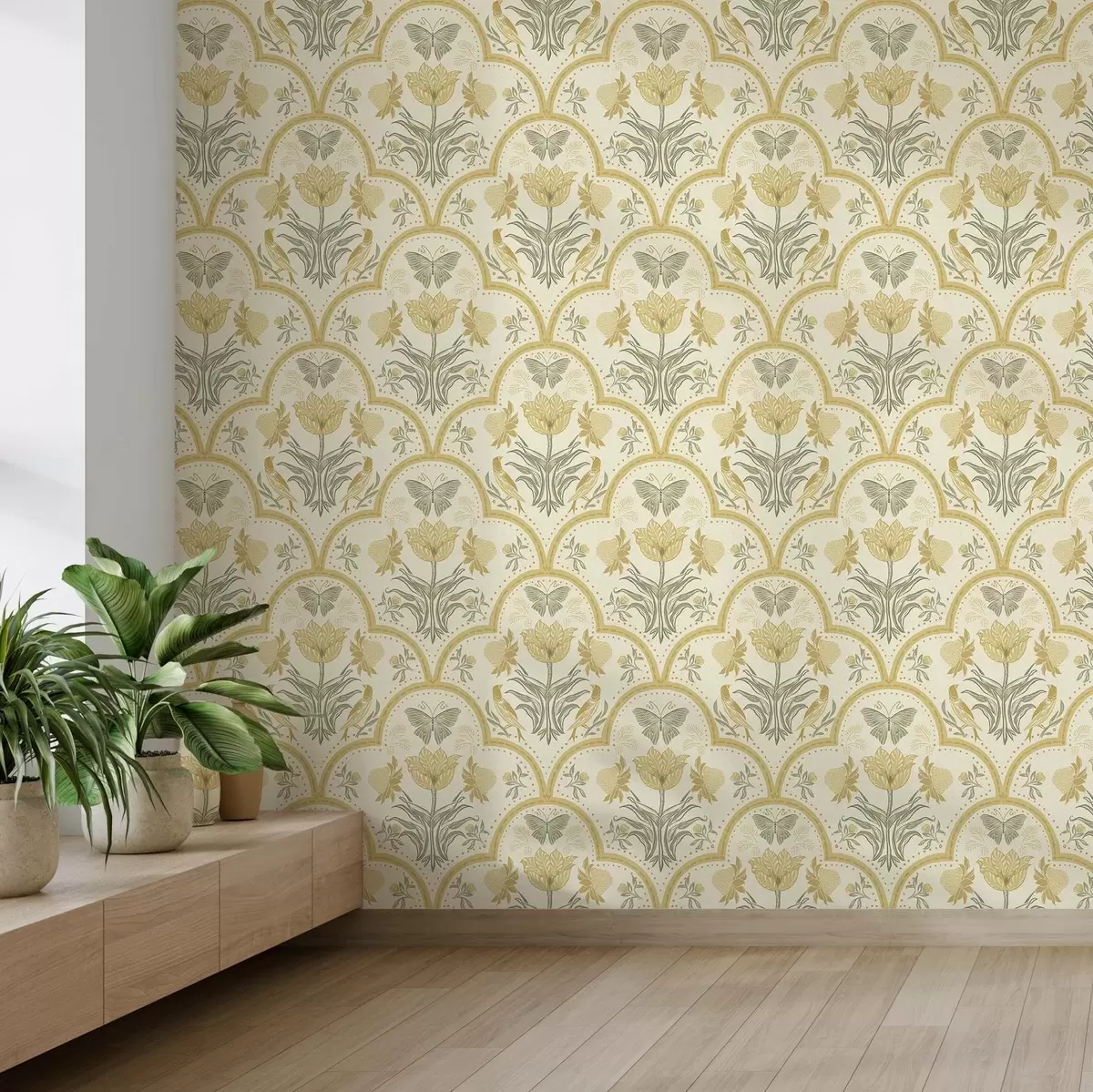 Papier peint Ornement avec une tulipe, des oiseaux et des papillons, ocre a00722