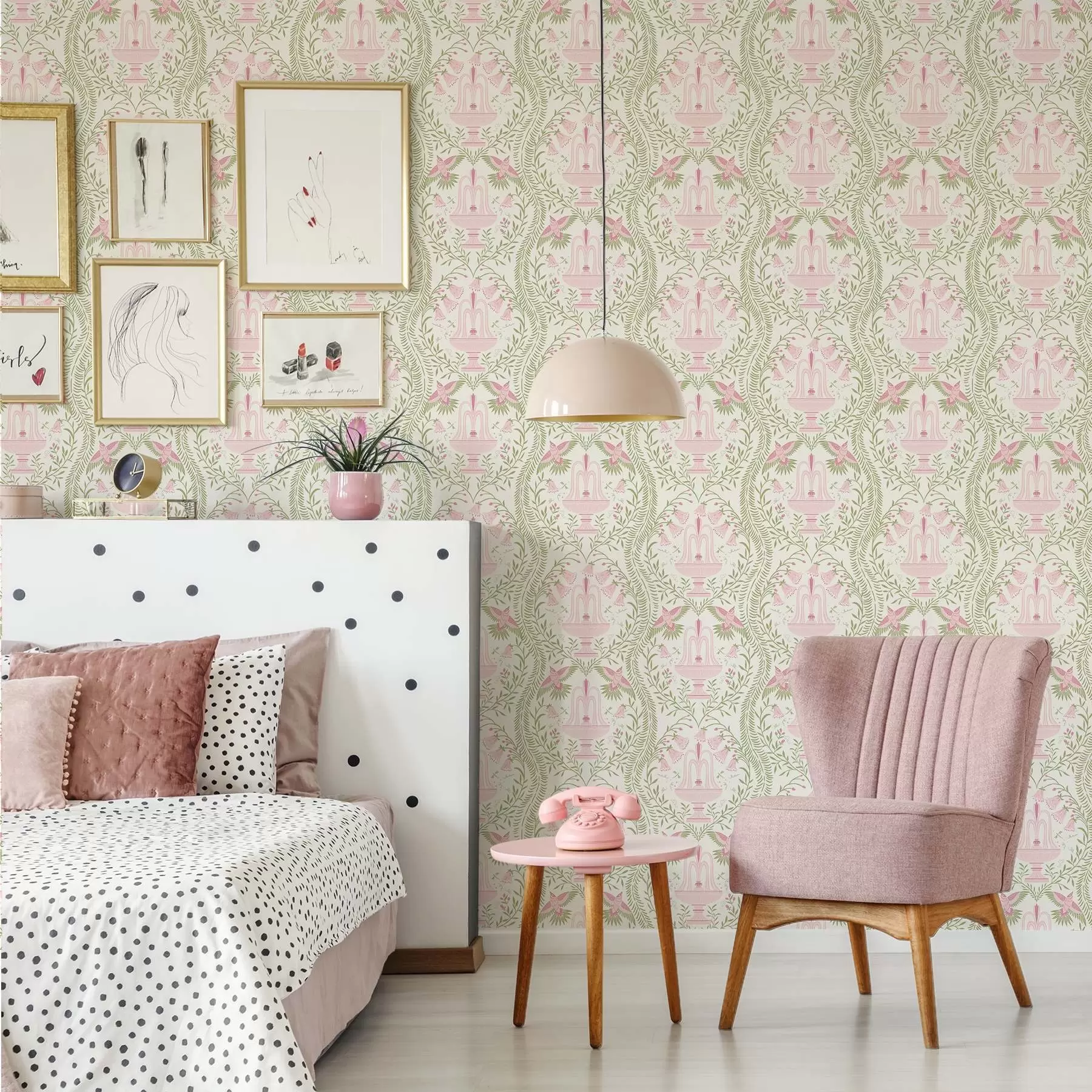 Papier peint Fontaines, colibris et volutes vertes sur fond clair a00723