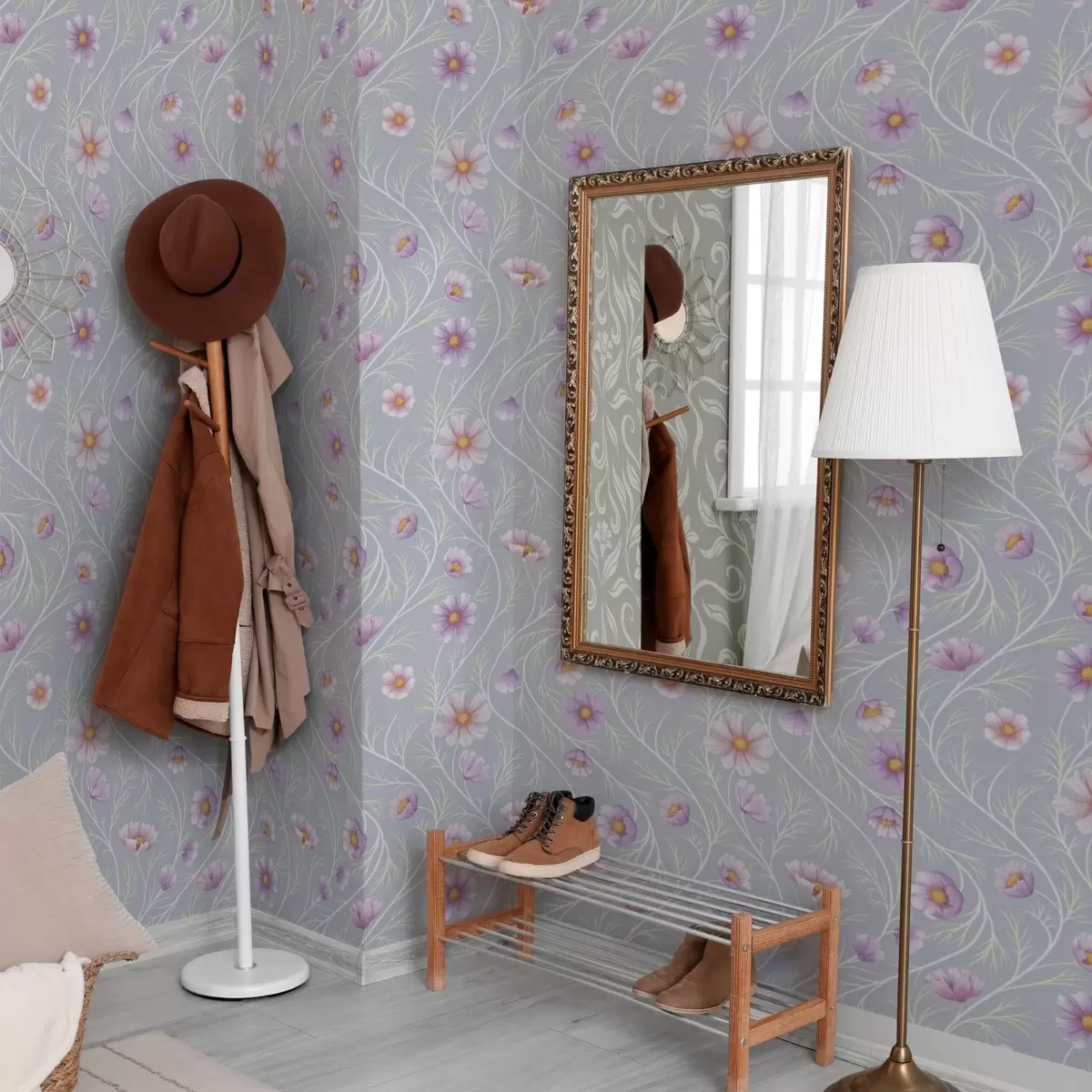 Papier peint Cosmos roses et tiges élancées sur fond gris a00791
