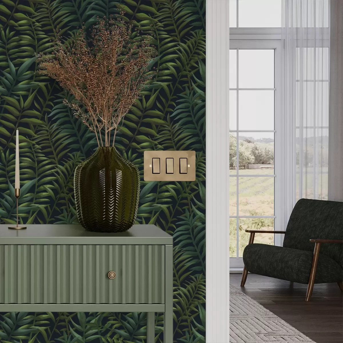 Papier peint Feuilles tropicales sombres sur fond foncé a00794