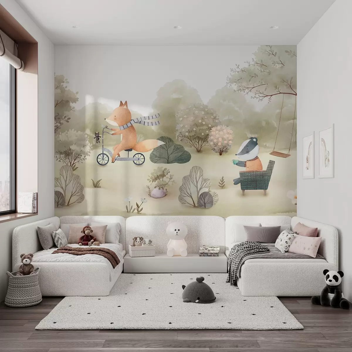 Papier peint Renard à vélo et blaireau avec du thé, animaux de la forêt peints à l'aquarelle w09439