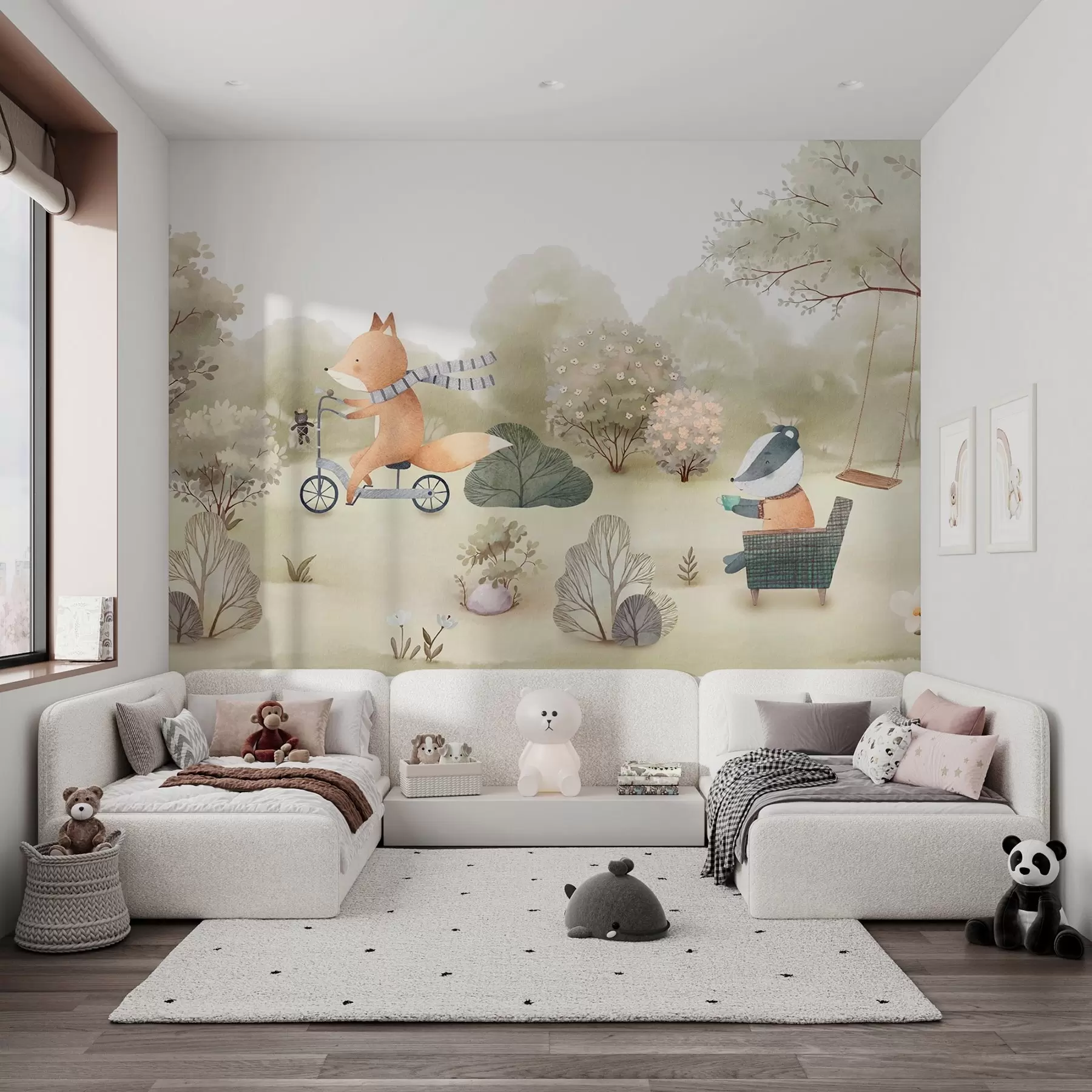Papier peint Renard à vélo et blaireau avec du thé, animaux de la forêt peints à l'aquarelle w09439