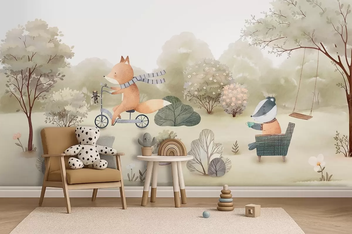 Papier peint Renard à vélo et blaireau avec du thé, animaux de la forêt peints à l'aquarelle w09439