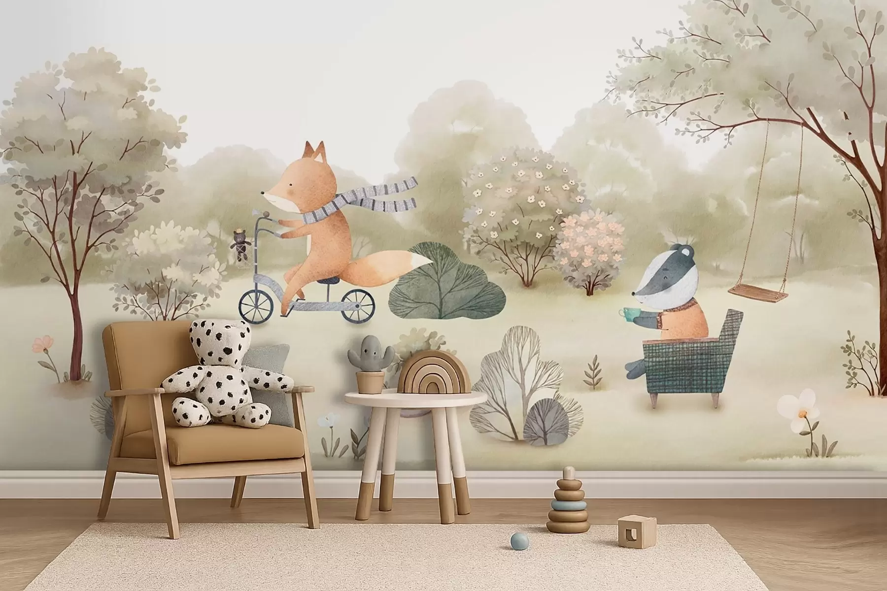 Papier peint Renard à vélo et blaireau avec du thé, animaux de la forêt peints à l'aquarelle w09439