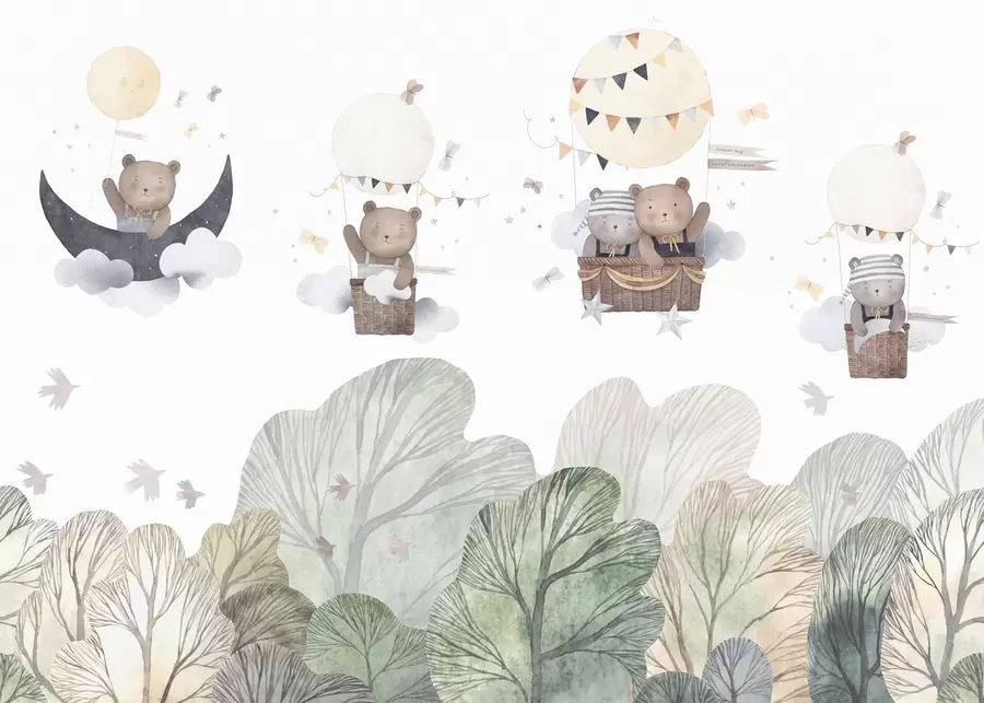 Papier peint Ballons de style aquarelle avec des ours au-dessus de la forêt w09437