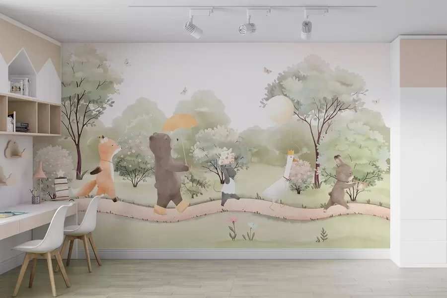Papier peint Voyage festif de petits animaux à travers la forêt dans un style aquarelle w09440