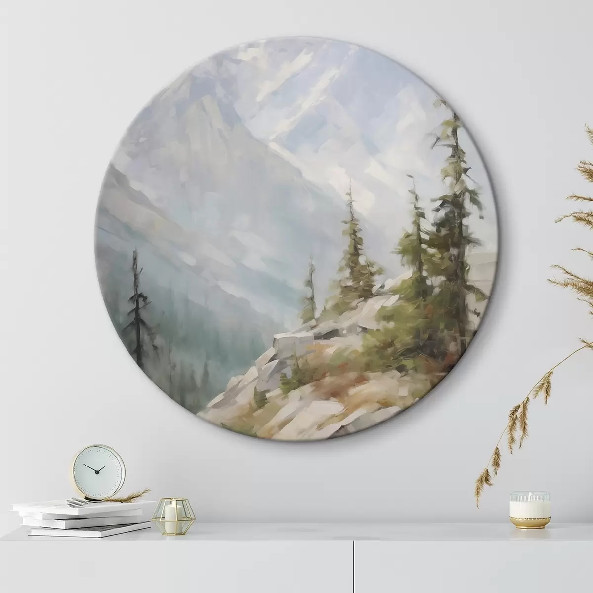 Tableaux rondes Des épicéas avec les montagnes en toile de fond r46202
