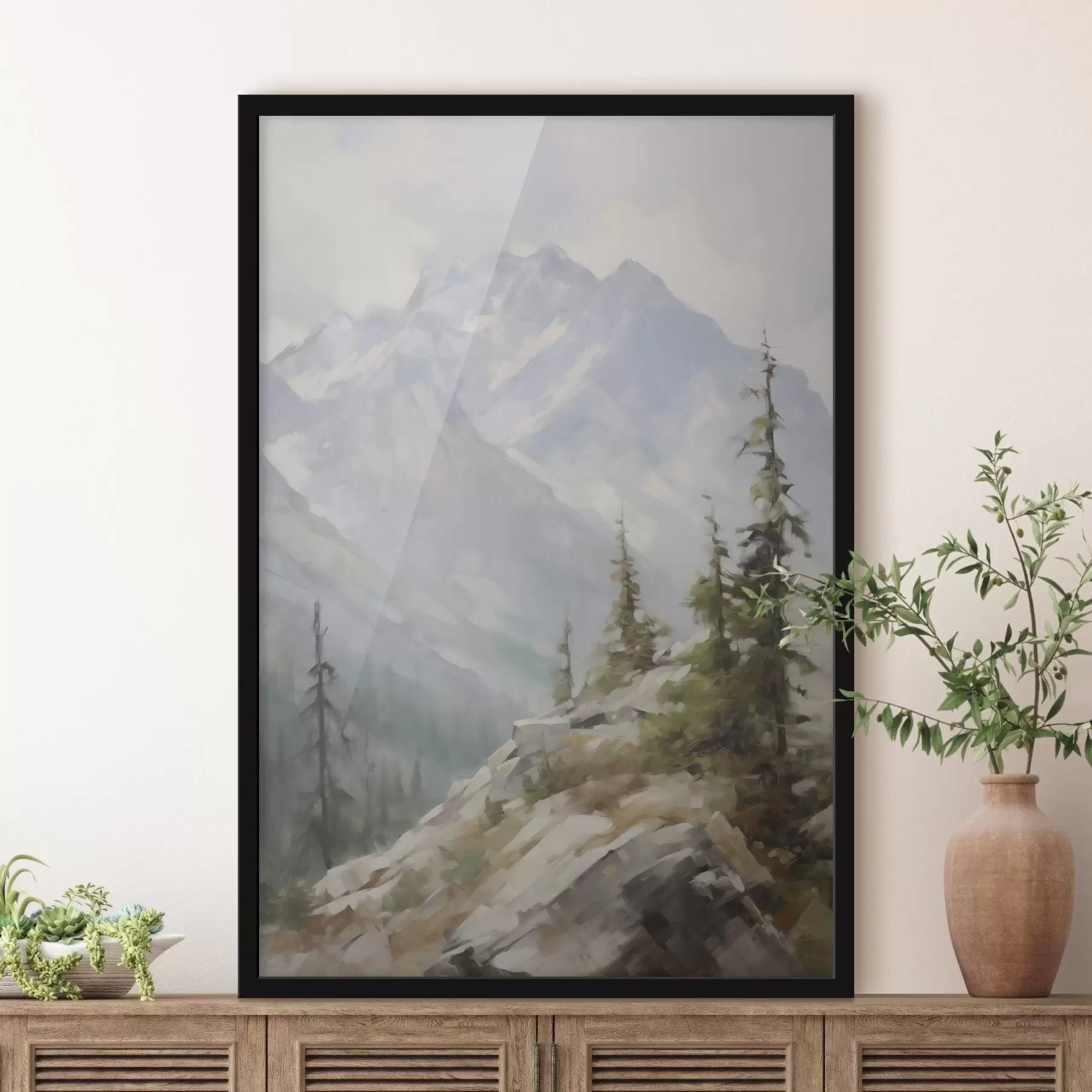 Papier peint Des épicéas avec les montagnes en toile de fond f46202