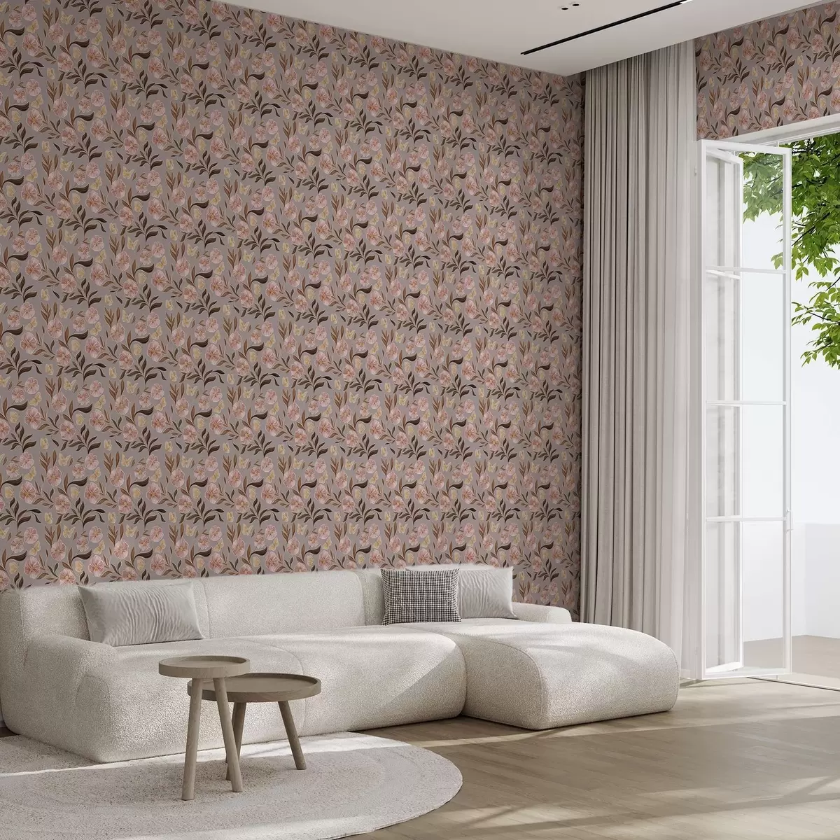 Papier peint Fleurs roses et papillons sur fond gris-beige a00633