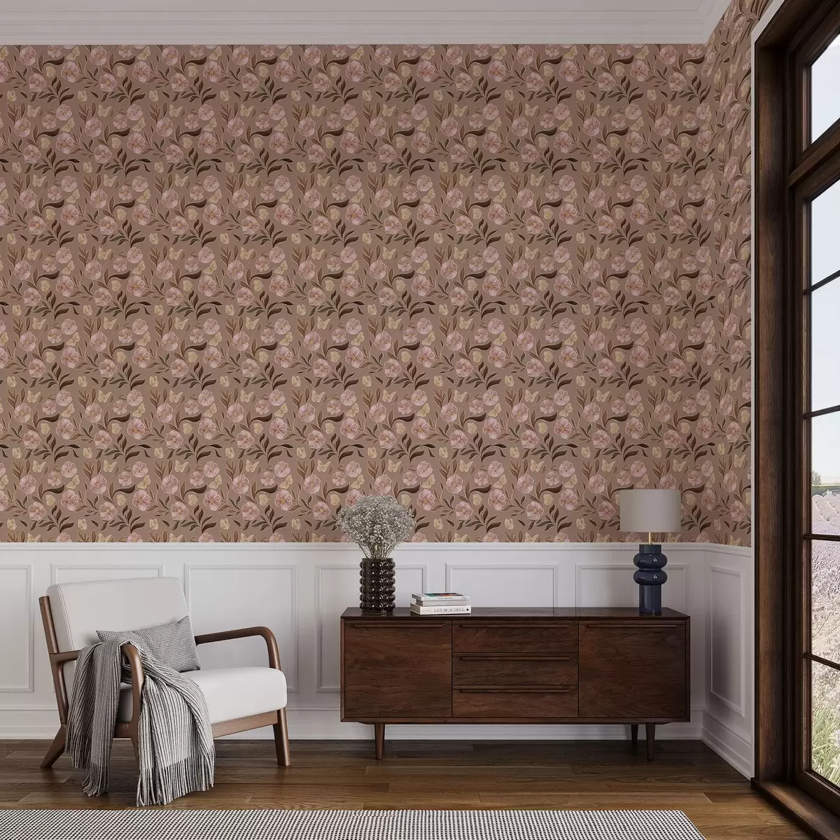 Papier peint Fleurs roses et papillons sur fond brun chaud a00633v1