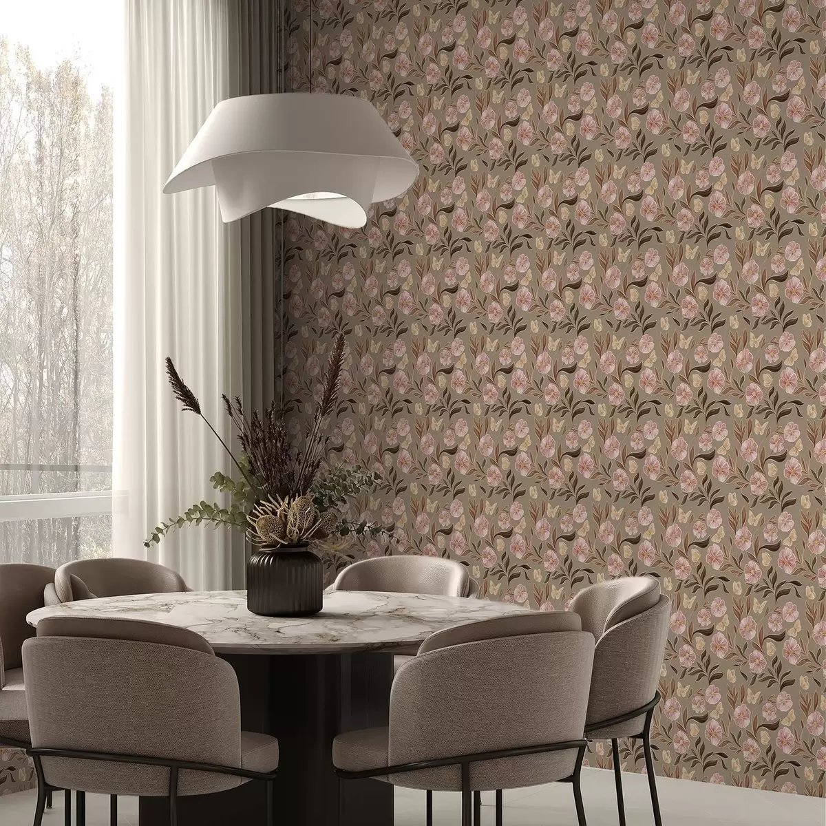 Papier peint Fleurs roses et papillons sur fond beige olive a00633v2