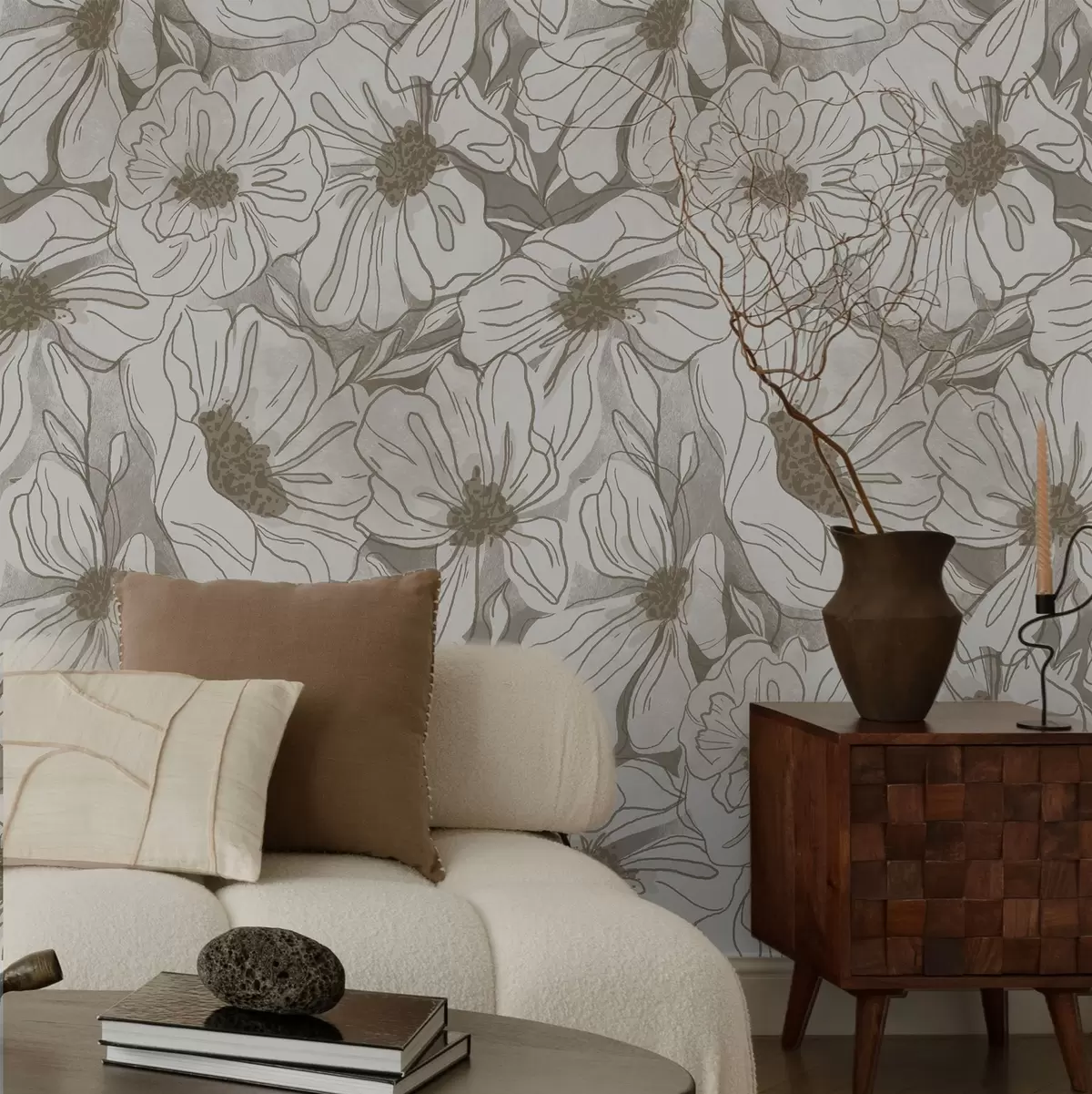 Papier peint Fleurs linéaires dans une palette monochrome beige-gris a00636