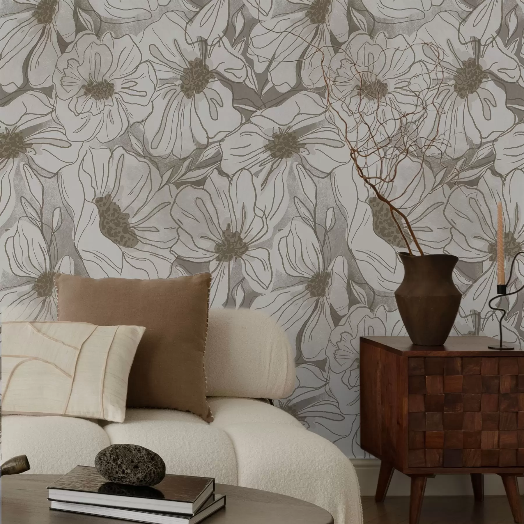 Papier peint Fleurs linéaires dans une palette monochrome beige-gris a00636
