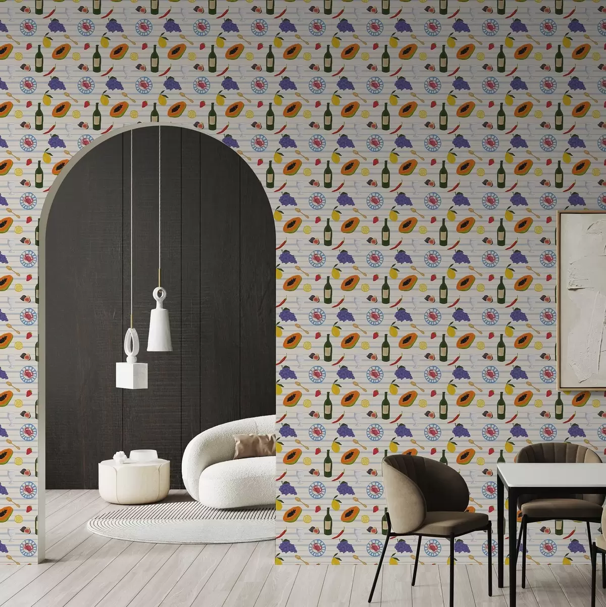 Papier peint Imprimé cuisine avec fruits, verres et assiettes a00638