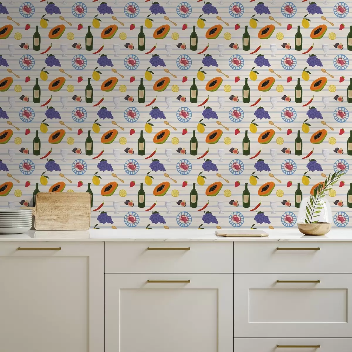 Papier peint Imprimé cuisine avec fruits, verres et assiettes a00638