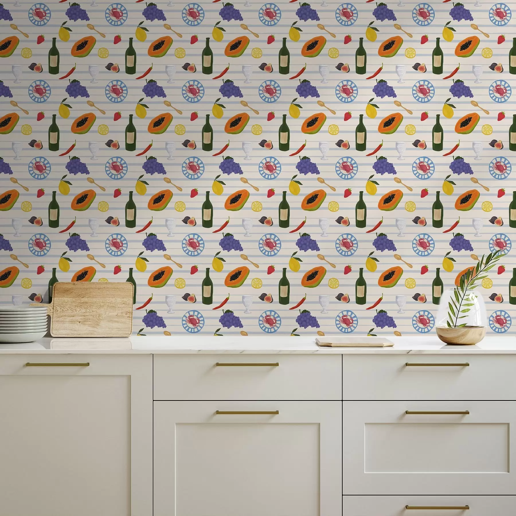 Papier peint Imprimé cuisine avec fruits, verres et assiettes a00638