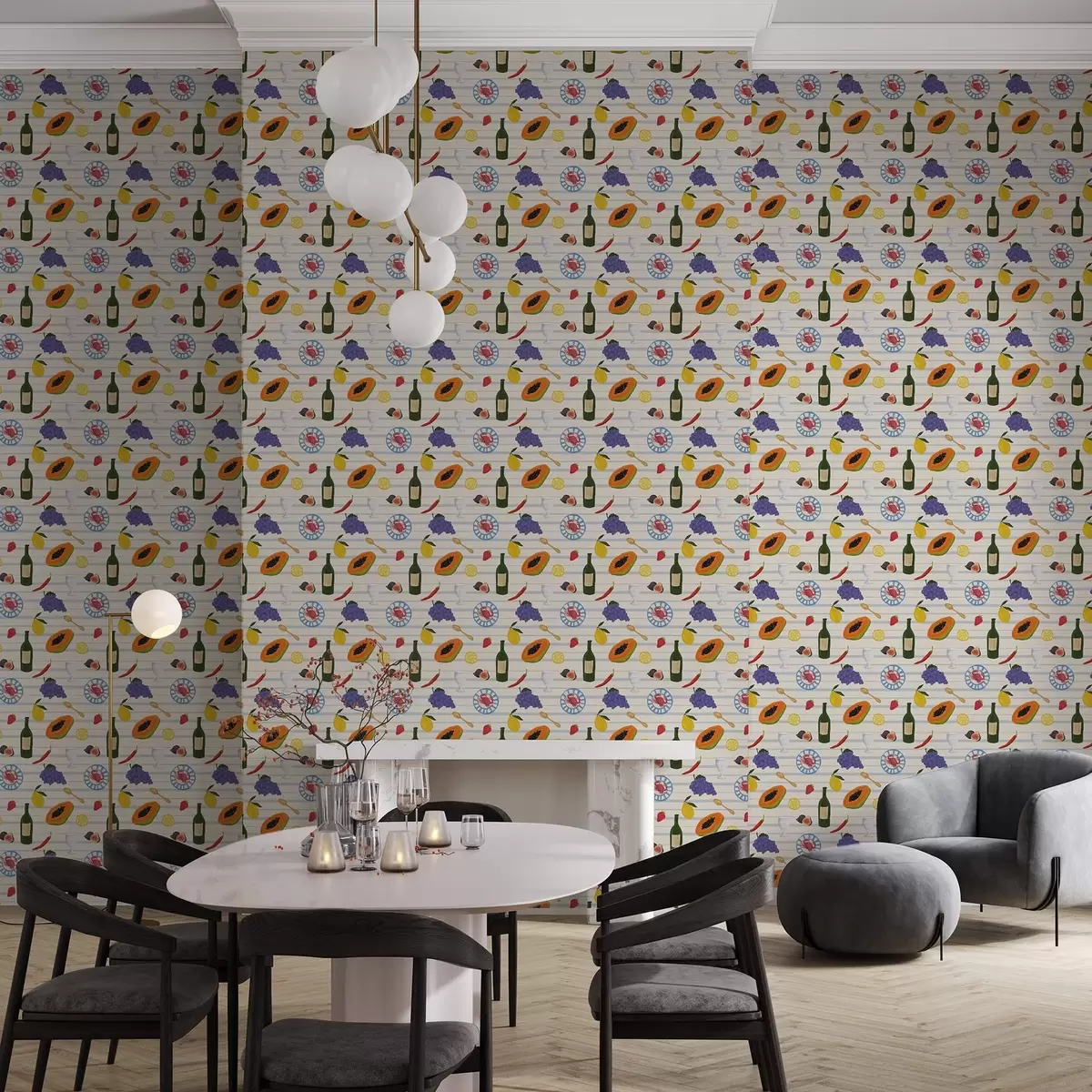 Papier peint Imprimé cuisine avec fruits, verres et assiettes a00638