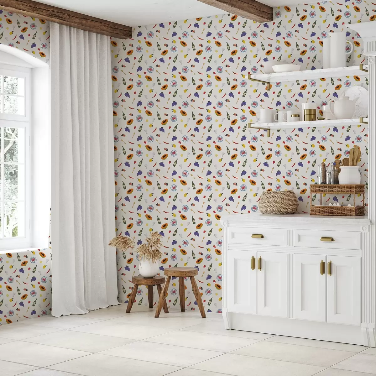 Papier peint Fruits, vin et épices disposés sur un fond clair a00639