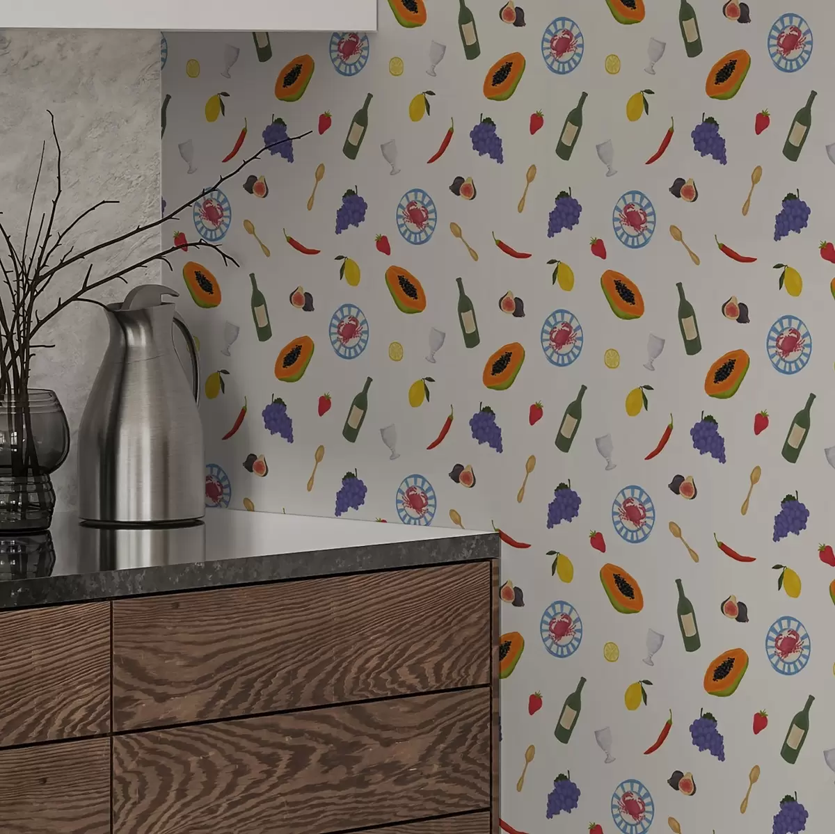 Papier peint Fruits, vin et épices disposés sur un fond clair a00639