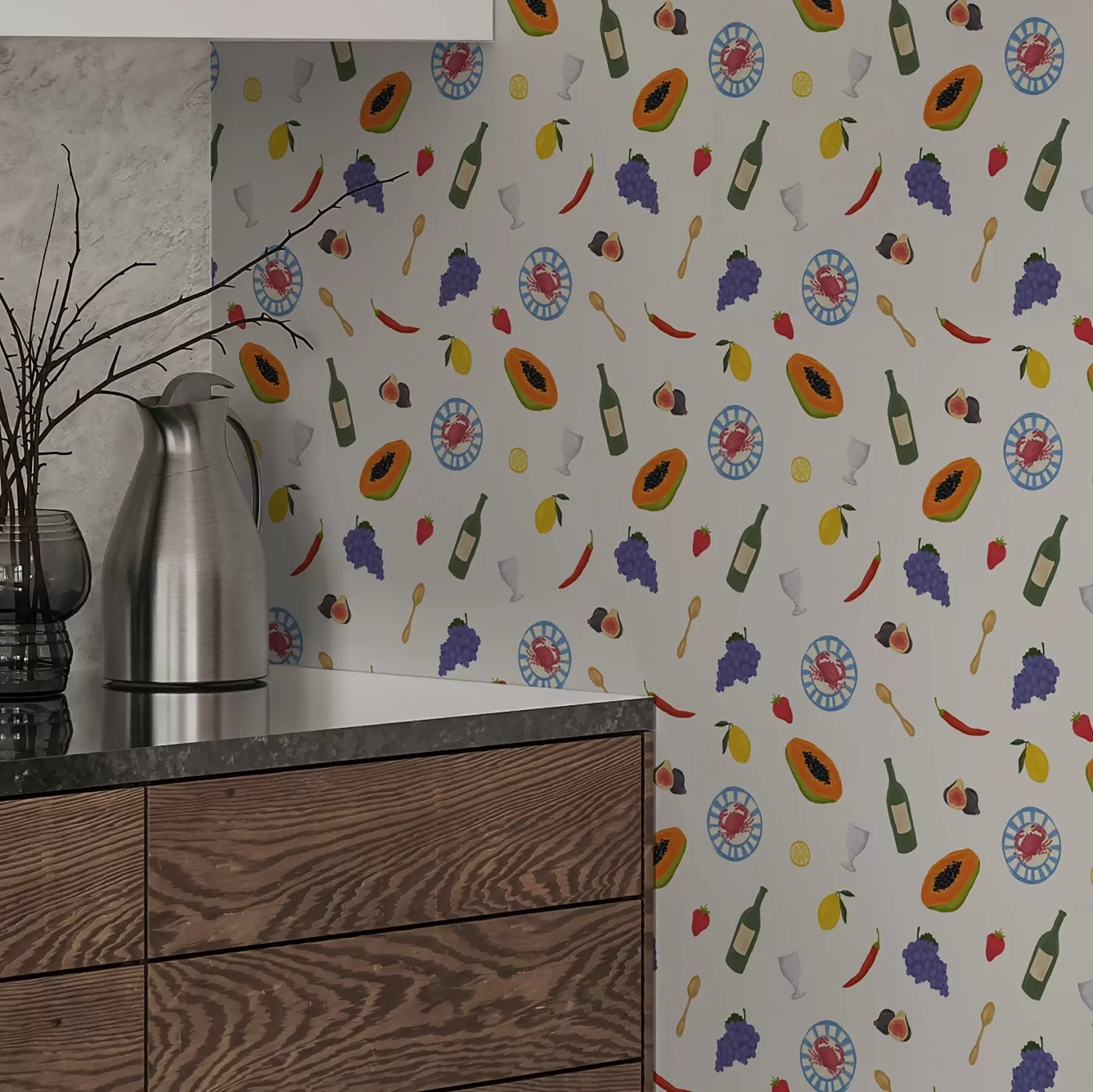 Papier peint Fruits, vin et épices disposés sur un fond clair a00639