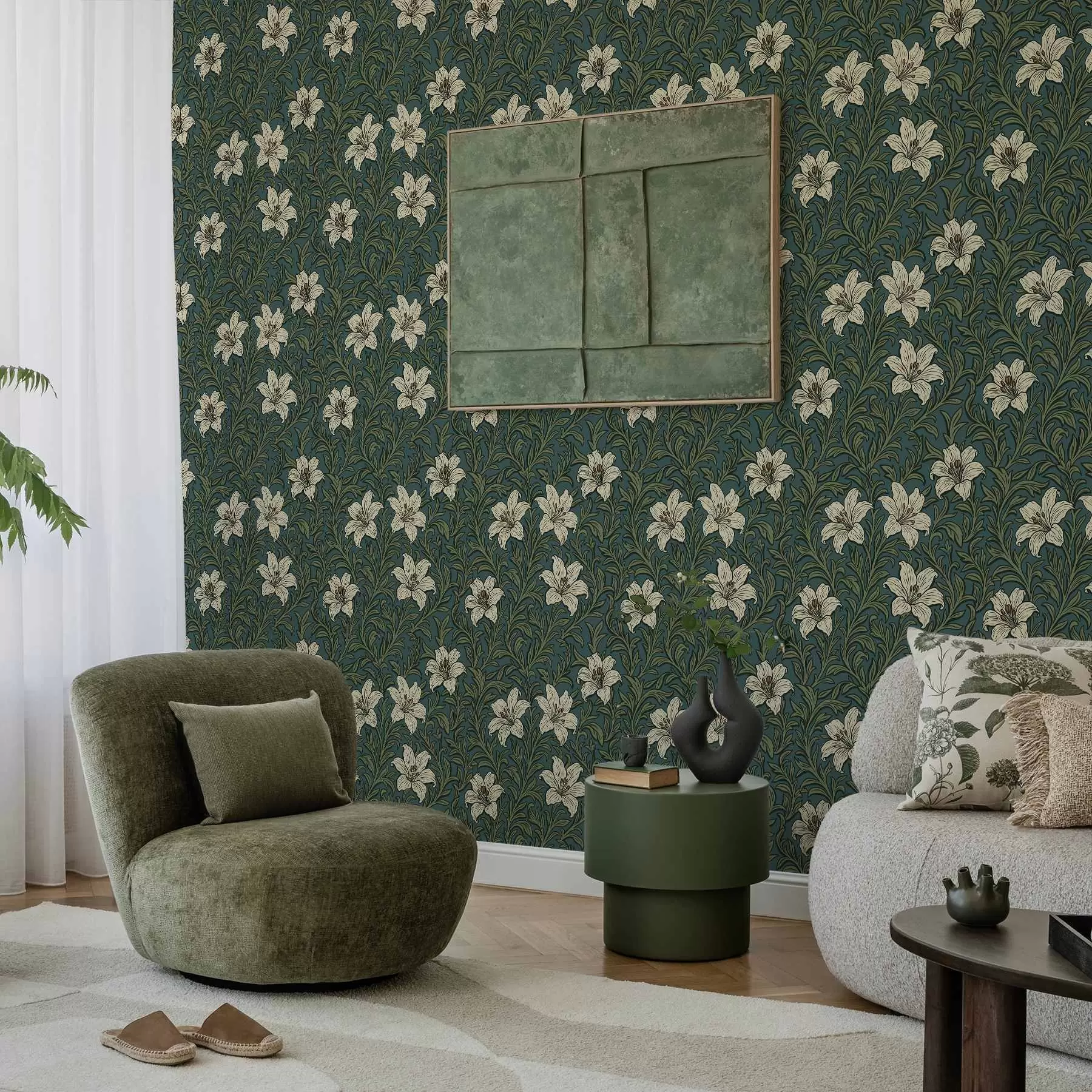 Papier peint Lys crème parmi une végétation dense sur fond turquoise a00645