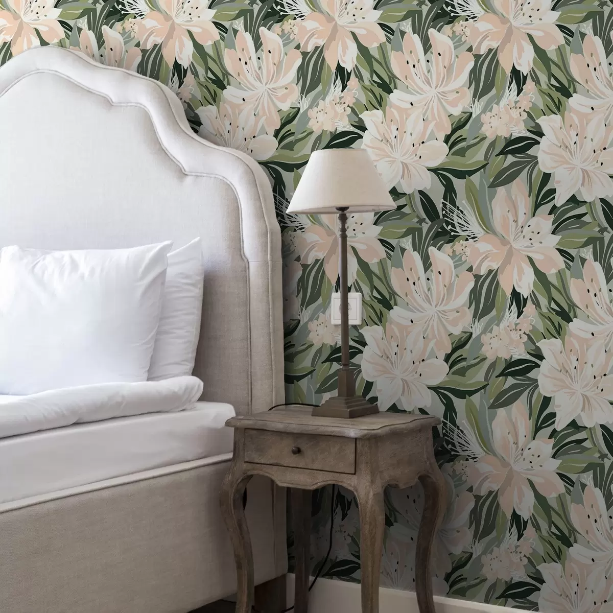 Papier peint Grandes fleurs crème sur fond vert clair a00646