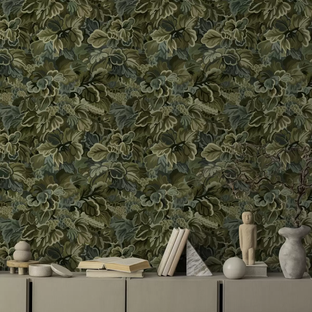 Papier peint Feuilles de vigne denses dans une palette de vert profond a00647