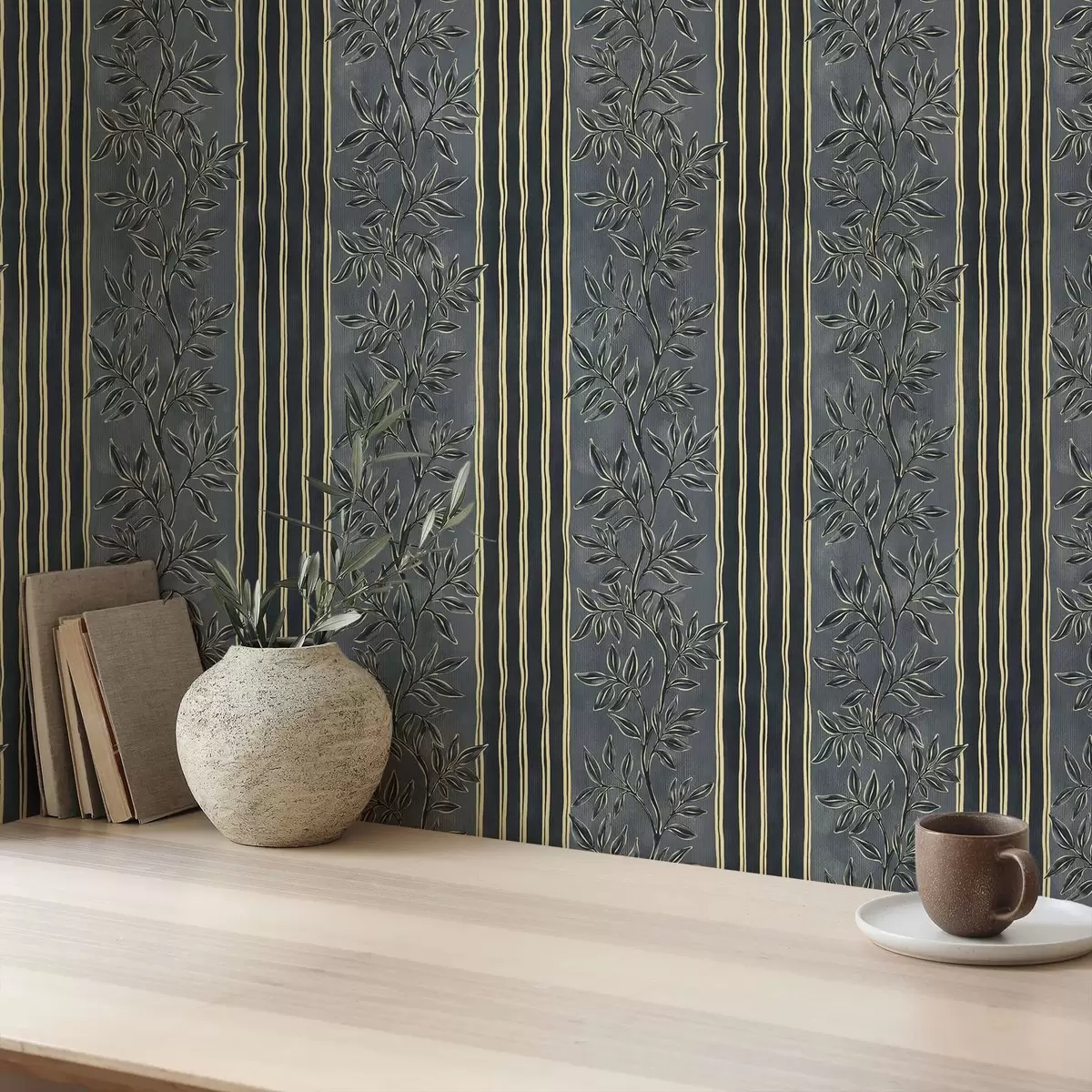 Papier peint Rayures verticales avec motifs botaniques dans des tons sombres a00648
