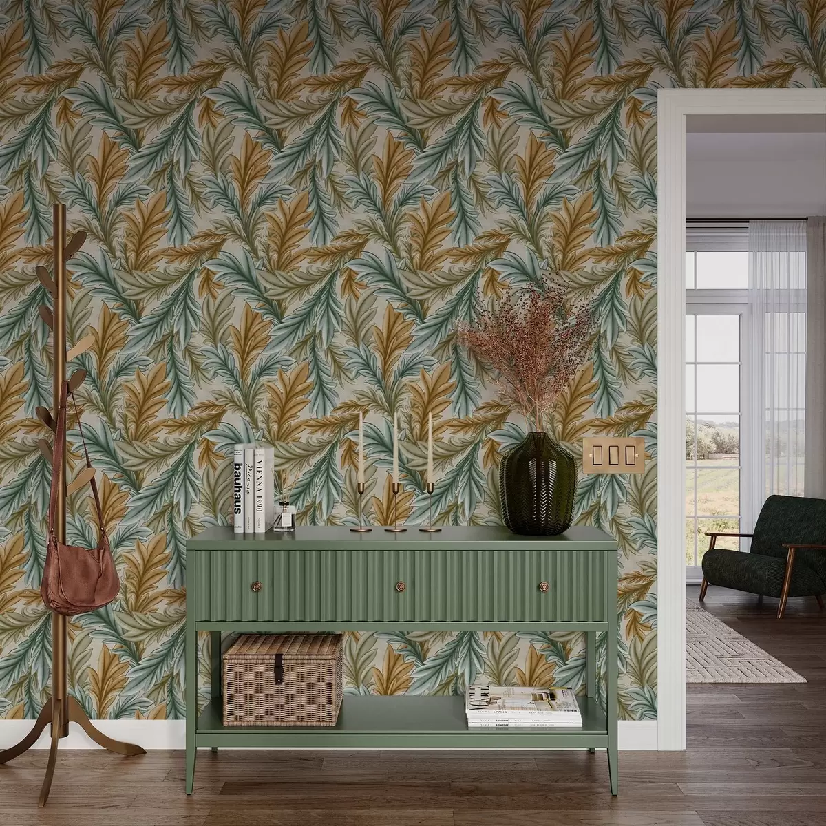 Papier peint Feuillage décoratif dans une palette chaude d'ocre et de vert a00673