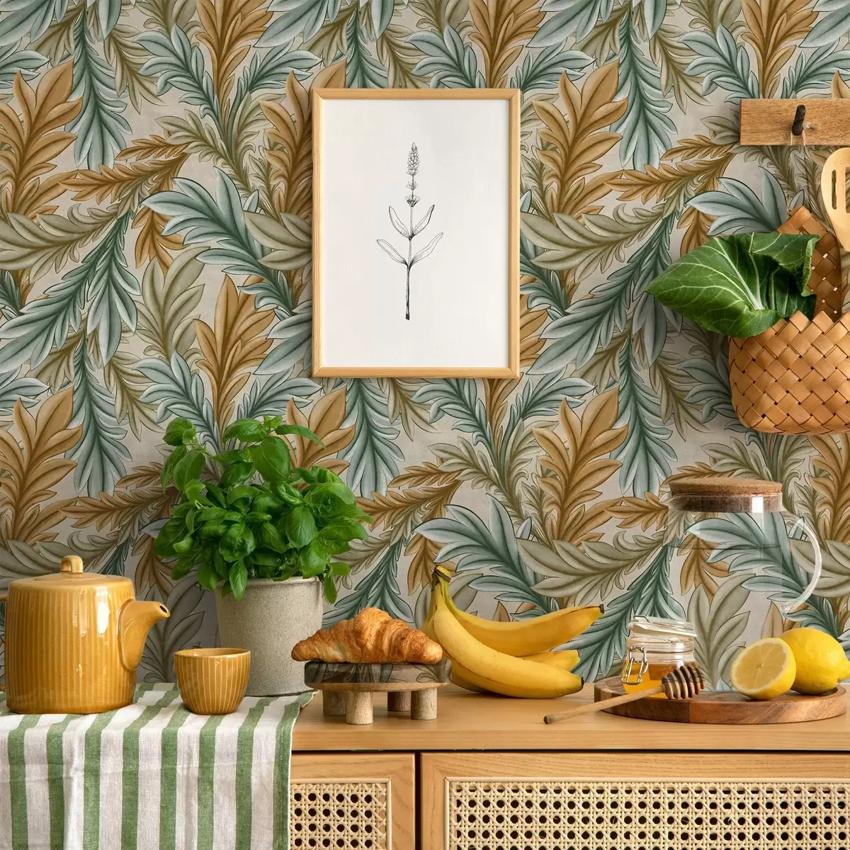 Papier peint Feuillage décoratif dans une palette chaude d'ocre et de vert a00673
