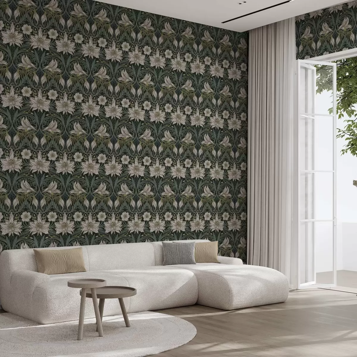 Papier peint Composition Art nouveau avec des lys sur fond sombre a00696