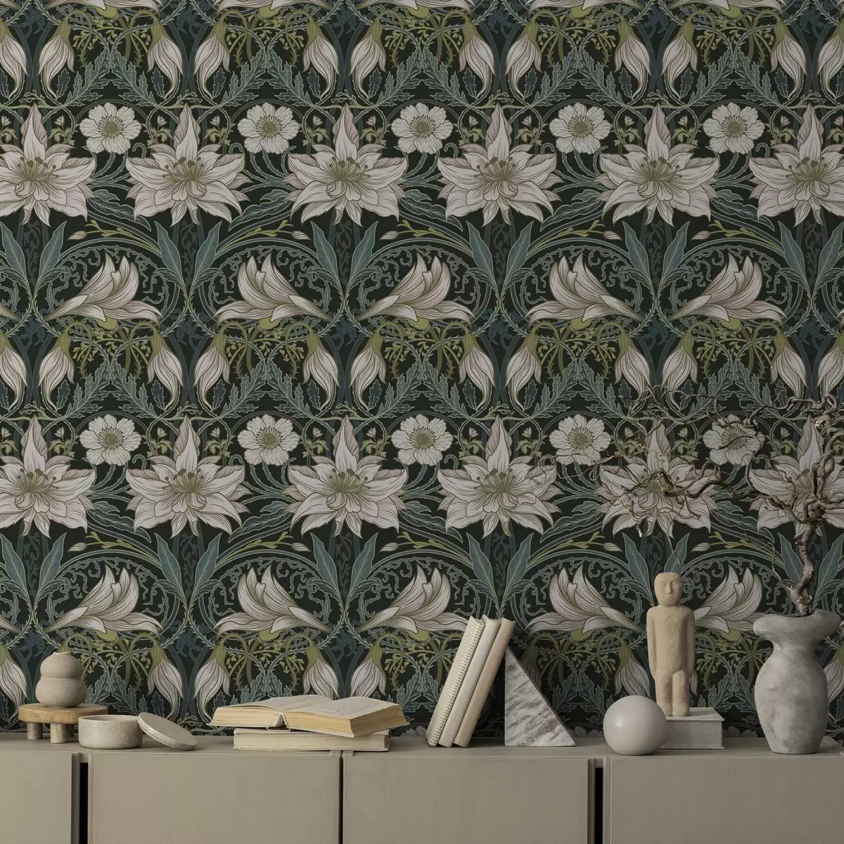Papier peint Composition Art nouveau avec des lys sur fond sombre a00696