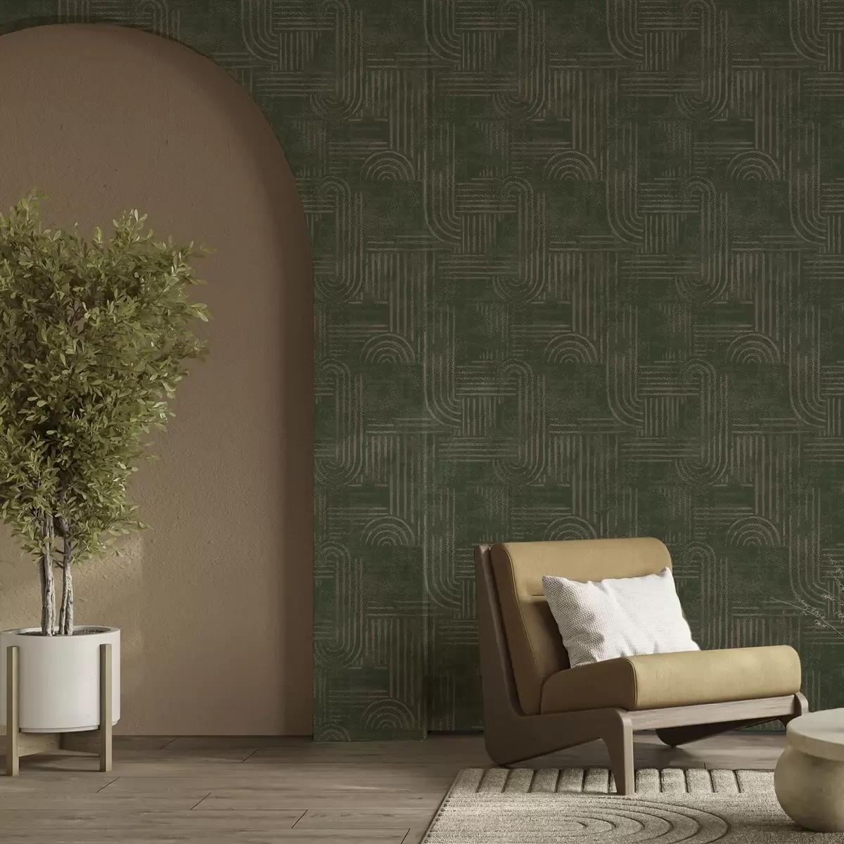 Papier peint Motif géométrique avec des arcs dans une palette verte a00697